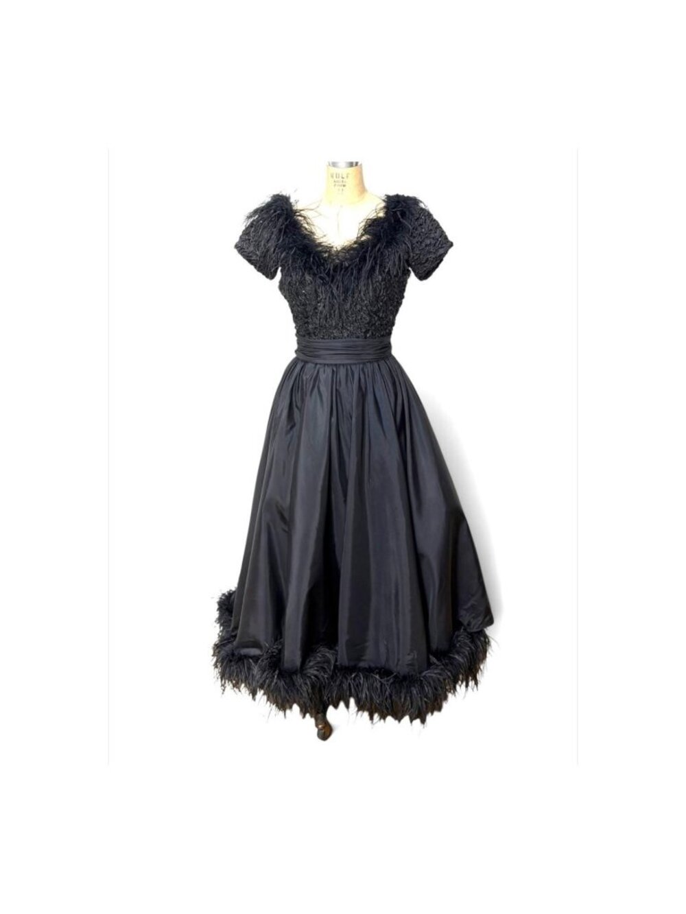 1980s black taffeta gown with feathers by Alyce Designs Size M
